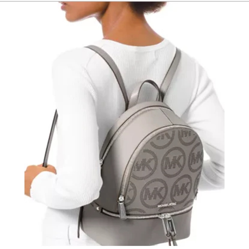 Michael Kors Rhea Backpack Pearl Grey Leather Medium MK Logo - Picture 16 of 16